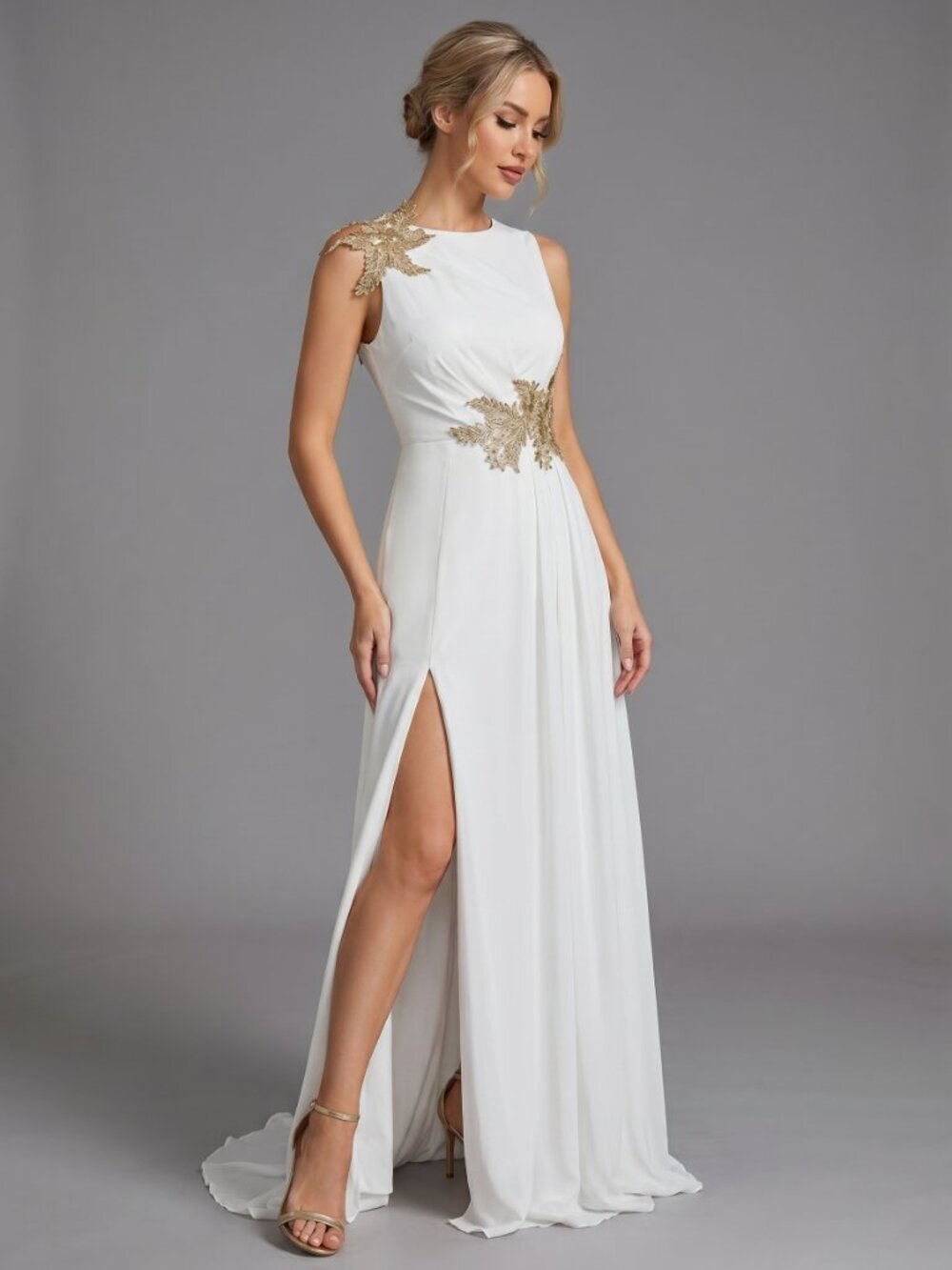 Women White Formal Maxi Dress Elegant High Slit Evening Party Gown Chic